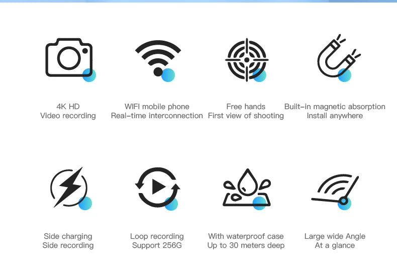 POV Magnetic Sports Camera 4K 30M Waterproof 2.4G Wireless WiFi Motorcycle Mini Small Action Body Video Vlog Cameras Helmet Bike